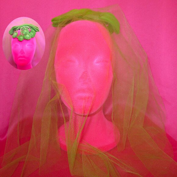 1950s vintage green veil fascinator floral beaded bow hat main image 5